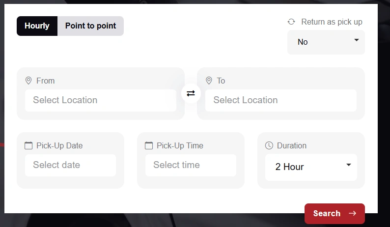 The main interface of the Lavish Ride booking system