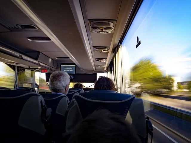 An interior view from the rear of a luxury passenger bus shows several passengers and part of the exterior, representing social group transportation services.
