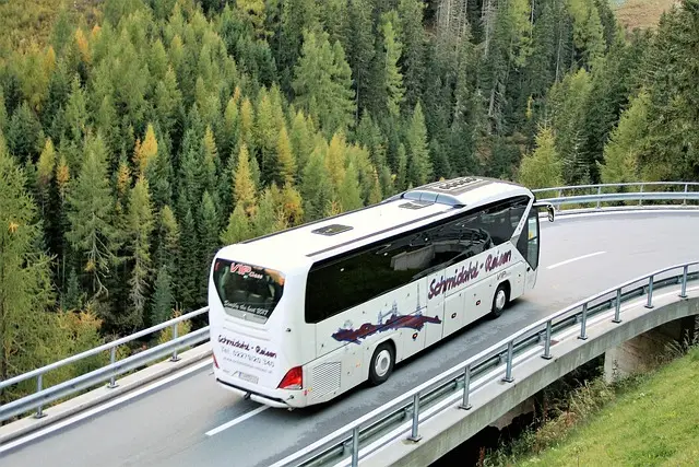 Aerial view of a luxury bus crossing a bridge through a forest, representing large group luxury transportation services.