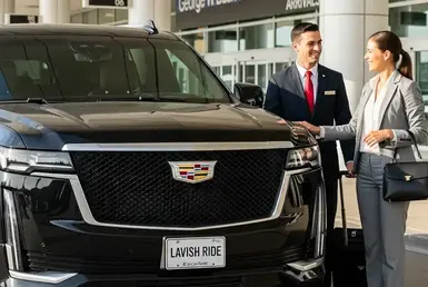 A professional, uniformed chauffeur warmly greets a client at the airport beside a Cadillac Escalade ESV SUV with a "Lavish Ride" license plate, representing premium airport private transfer services.