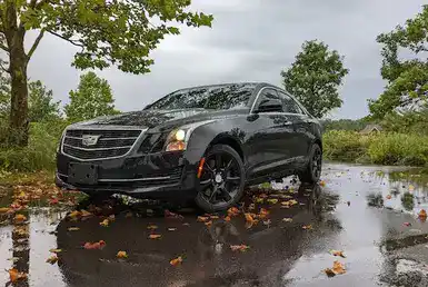 A luxurious black Cadillac sedan parked between trees on a rainy autumn day, with wet ground reflecting the season’s atmosphere.