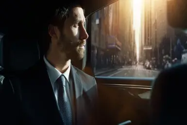 Portrait of young handsome businessman traveling in a modern car with a driver in center of the city by day. Concept of business, success, traveling, luxury