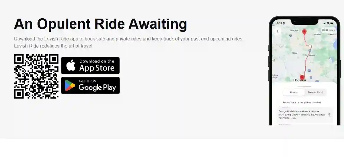 Smartphones display the Lavish Ride reservation app on iOS and Android screens. The app is designed for effortless luxury ride booking in Houston and beyond.