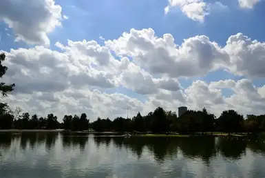 A landscape view of Hermann Park in Houston showing the beauty of a small lake surrounded by trees with a cloudy sky.