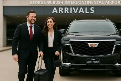 A professional chauffeur warmly greets and sees off an elegant businesswoman at airport. They stand beside a sleek black Cadillac Escalade ESV with a Lavish Ride license plate, symbolizing iah to galveston port.