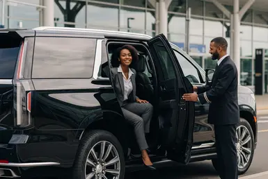 AI image: A professional chauffeur opens the door of a luxury black SUV for a businesswoman who is about to get out at the airport, symbolizing Lavish Ride Private Chauffeur Service.