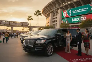 AI Image: Chauffeur welcoming guests beside a luxury SUV outside a FIFA World Cup 2026 stadium in Mexico, showcasing premium event transportation