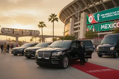 AI image: A collection of black vehicles bearing the Lavish Ride license plate lined up in front of the NRG Stadium in Houston included a black Maybach sedan, a black BMW 7 Series, a black Lincoln Navigator SUV, and a Mercedes Sprinter van.