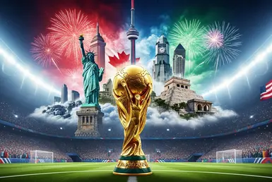 AI Image shows FIFA World Cup 2026 promotional graphic showing the trophy and iconic landmarks from the USA, Canada, and Mexico in a packed stadium. symbolizing Boston Gillette Stadium