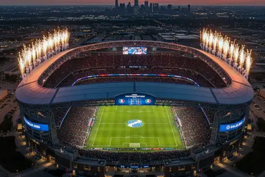 An AI-generated image depicting AT&T Stadium in Dallas at night, filled with fans and fireworks in the sky.
