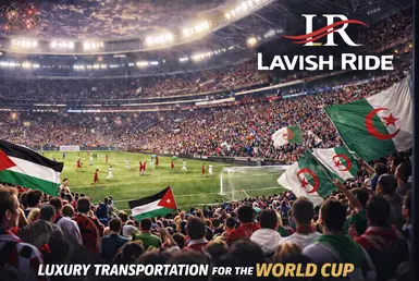 AI Image of Packed stadium during a Jordan vs Algeria football match, fans waving Jordanian and Algerian flags under bright lights at a World Cup-style soccer game