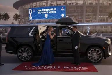 AI Image of Luxury black car service for FIFA World Cup 2026, featuring a chauffeur-driven SUV and red carpet arrival at the stadium.