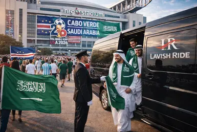 Cabo Verde vs Saudi Arabia World Cup 2026 match at NRG Stadium in Houston, Saudi fans arriving with national flags as a Lavish Ride luxury black Sprinter van chauffeur assists them outside the stadium