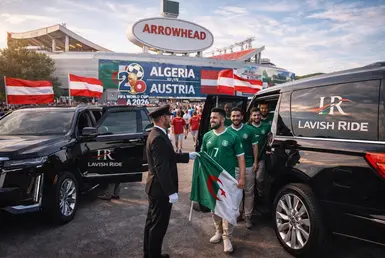 Algeria vs Austria World Cup 2026 match at Arrowhead Stadium in Kansas City, Algerian fans arriving with national flags as a chauffeur assists them from Lavish Ride luxury black SUVs including a Cadillac Escalade and Lincoln Navigator.