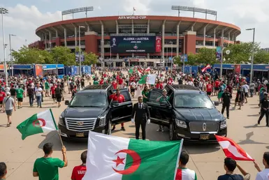 AI Image of Algerian and Austrian soccer fans arrive at Arrowhead Stadium in Kansas City FIFA 2026. In the foreground, two luxury black SUVs are parked, with a chauffeur assisting Algerian fans, some holding flags, out of the vehicles.