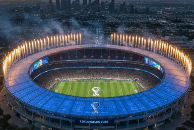 AI Image of Los Angeles SoFi Stadium at FIFA 2026 nights with firework