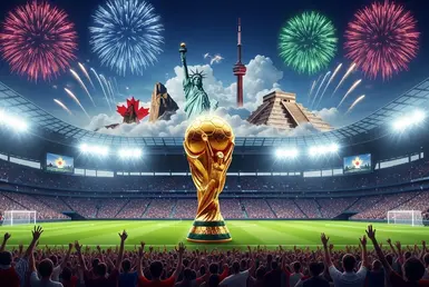 Image Generated by AI of a FIFA World Cup 2026 promotional graphic showing the trophy and iconic landmarks from the USA, Canada, and Mexico in a packed stadium.