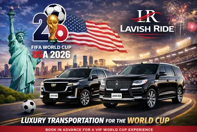 AI image of two 1st Class black SUVs with Lavish Ride in the plate number, symbolizing Lavish Ride FIFA World Cup 2026 Luxury Transportation.