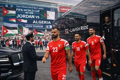 Jordan national football team arriving at FIFA World Cup 2026 match vs Algeria, stepping off a Lavish Ride luxury team bus outside the stadium, with Jordanian flags and fans welcoming the players.