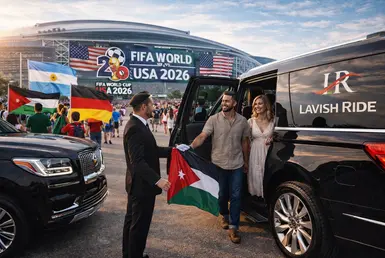 FIFA World Cup 2026 luxury transportation outside a stadium, Jordanian fans arriving with national flags as a Lavish Ride chauffeur assists clients stepping out of a black Lincoln Navigator SUV