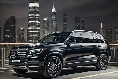 a 2026 Mercedes-Benz GLS 450 Black SUV, skyline in the background, represent CEO's luxury transportation