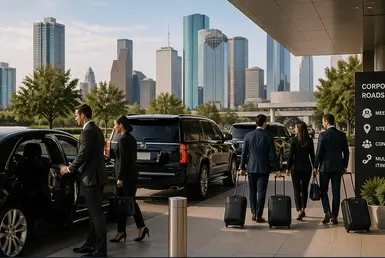 Professional drivers assist a number of VIP clients in getting into several luxury black cars, symbolizing Houston Corporate Chauffeur Service.