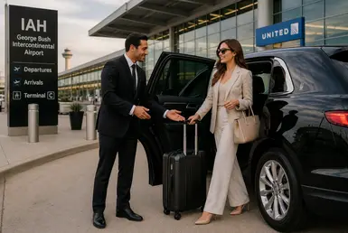 IAH airport car service chauffeur assisting traveler with luggage at George Bush Intercontinental Airport Houston