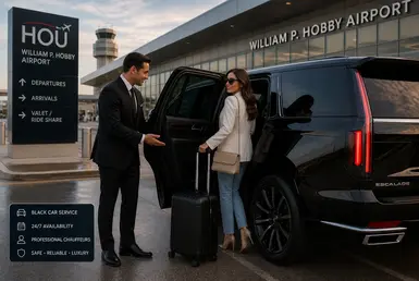 HOU airport car service chauffeur assisting passenger with luggage into luxury SUV at Houston Hobby Airport
