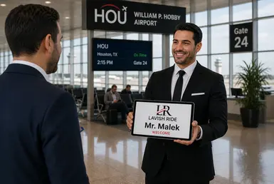 HOU airport transportation chauffeur holding meet and greet sign at Houston Hobby Airport terminal