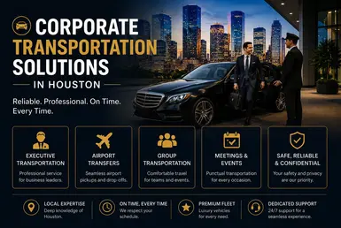 Houston corporate transportation solutions with executive chauffeur service, airport transfers, business travel, and luxury corporate mobility services.
