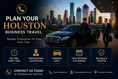 Professional chauffeur greeting a business traveler beside a luxury black sedan in Houston for executive transportation and corporate travel planning.