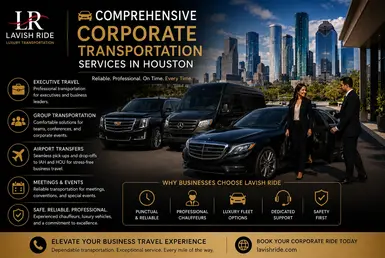 Houston corporate transportation services featuring executive black car travel, professional chauffeurs, luxury fleet options, and business mobility solutions.