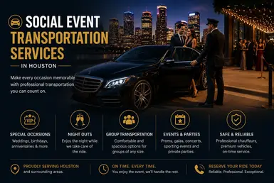 Luxury social event transportation in Houston featuring professional chauffeur service, upscale black car travel, and transportation for weddings, parties, and special occasions.