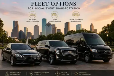 Luxury sedan, executive SUV, and Sprinter van fleet for Houston social event transportation with the Houston skyline in the background.