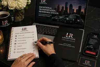 Event transportation planning setup with Lavish Ride branding, luxury fleet options, scheduling checklist, and coordinated Houston special event travel resources.