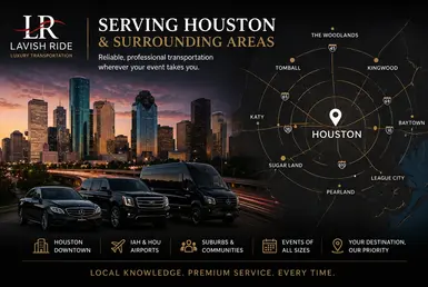 Houston skyline and surrounding communities representing Lavish Ride social event transportation services across Houston, Sugar Land, The Woodlands, and Galveston.