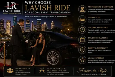Professional chauffeur assisting a guest from a luxury black sedan during an upscale Houston social event transportation experience.