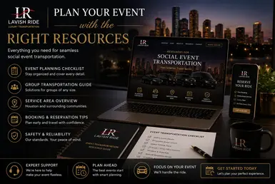 Lavish Ride social event transportation planning resources displayed on laptop and mobile devices with Houston skyline background.