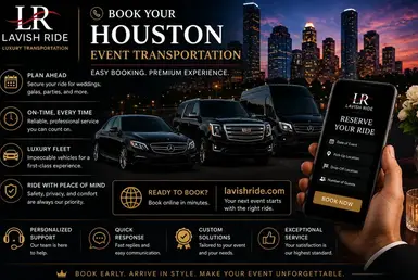 Luxury Houston event transportation booking interface with Lavish Ride fleet, professional chauffeur service, and online reservation system.