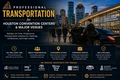 Professional transportation services for Houston convention centers, stadiums, and major event venues with luxury chauffeur and black car service.