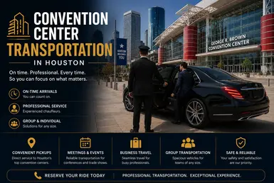 Convention center transportation in Houston featuring luxury chauffeur service, executive black car travel, and transportation for conferences, meetings, and trade shows.