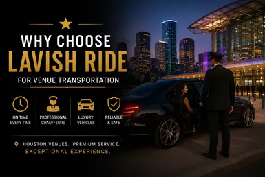 Professional chauffeur beside a luxury black sedan outside a Houston event venue, representing reliable and premium venue transportation services.
