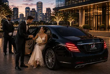 Groom helping his bride leave a black Mercedes S600 with Lavish Ride chauffeur service at an elegant Houston wedding transportation