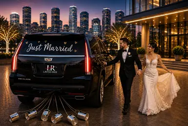 Newlywed couple walking beside a black Cadillac Escalade Houston wedding getaway car with Lavish Ride chauffeur service in Houston at sunset