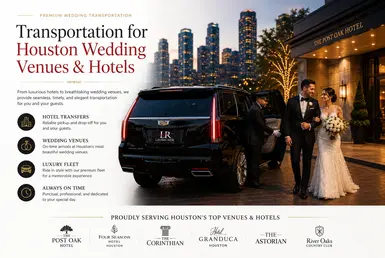 Luxury wedding transportation at Houston hotels and wedding venues with black Cadillac Escalade chauffeur service and newlywed couple arrival