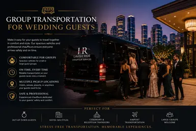 Luxury Houston wedding group transportation for guests with chauffeur-driven Sprinter van service at wedding venue hotel entrance