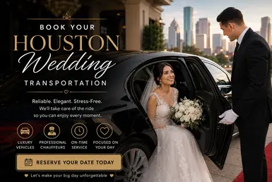 Houston wedding limousine service featuring a luxury black chauffeured vehicle with bride and professional chauffeur at an elegant wedding venue
