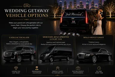 Luxury wedding getaway vehicle options in Houston featuring Cadillac Escalade, Mercedes Sprinter van, and Rolls-Royce chauffeur transportation services