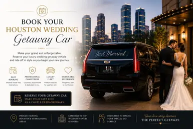 Luxury Houston wedding getaway car service with black Cadillac Escalade chauffeur transportation for newlywed couple departure from wedding venue