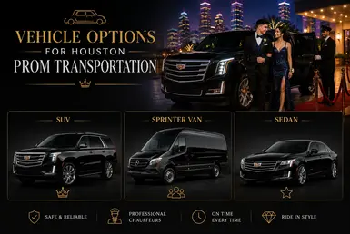 Vehicle options for Houston prom transportation including luxury SUV, Sprinter van, and sedan chauffeur services for prom night travel